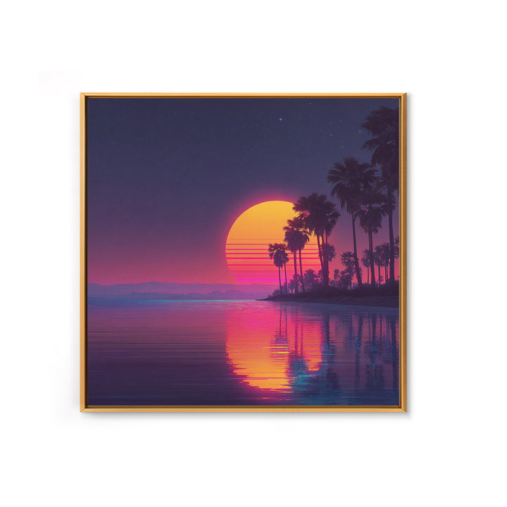 Neon Palm Tree Sunset Over Tropical Beach Wall Art, Retro Coastal Home Decor, Modern Landscape Art Print, Living Room Decor