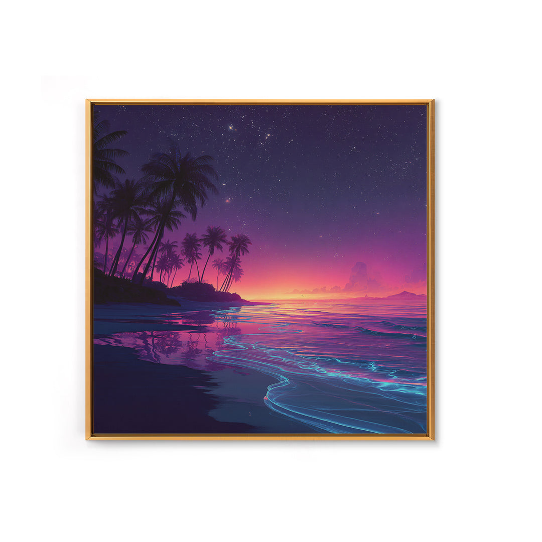 Neon Night Beach With Palm Trees Canvas Print, Dreamy Coastal Ocean Wall Art, Retro Tropical Bedroom And Living Room Decor