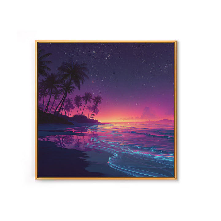 Neon Night Beach With Palm Trees Canvas Print, Dreamy Coastal Ocean Wall Art, Retro Tropical Bedroom And Living Room Decor