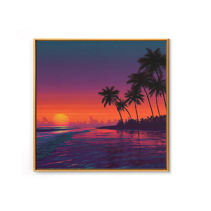 Neon Tropical Sunset Beach With Palm Trees Canvas Print, Coastal Wall Art, Colorful Ocean Art, Modern Home Decor Living Room
