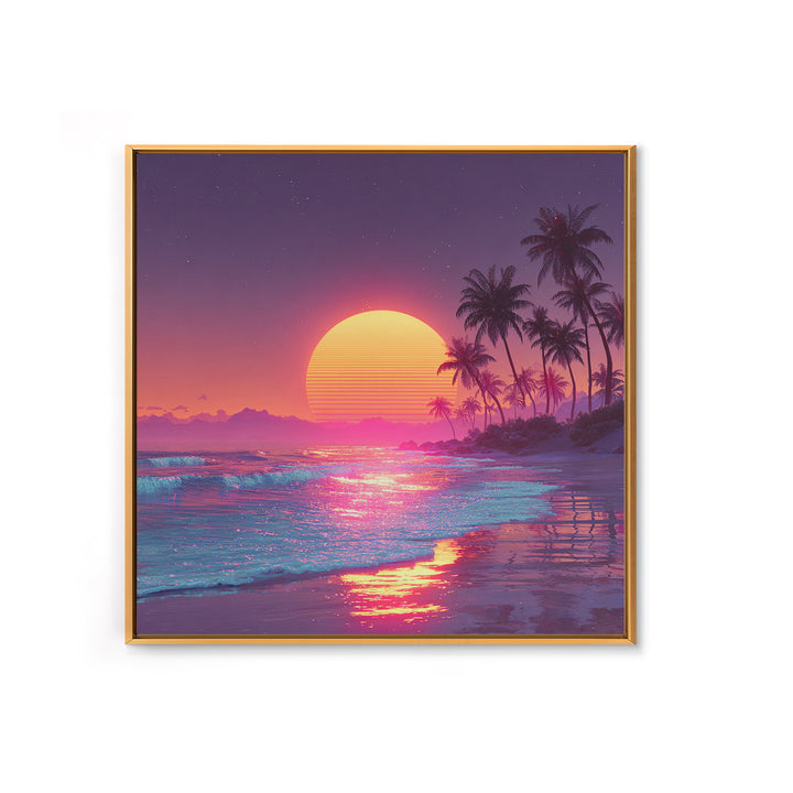 Pink Neon Beach Sunset Wall Art, Dreamy Vaporwave Ocean Canvas Print, Retro Coastal Landscape Art For Bedroom Or Living Room Decor