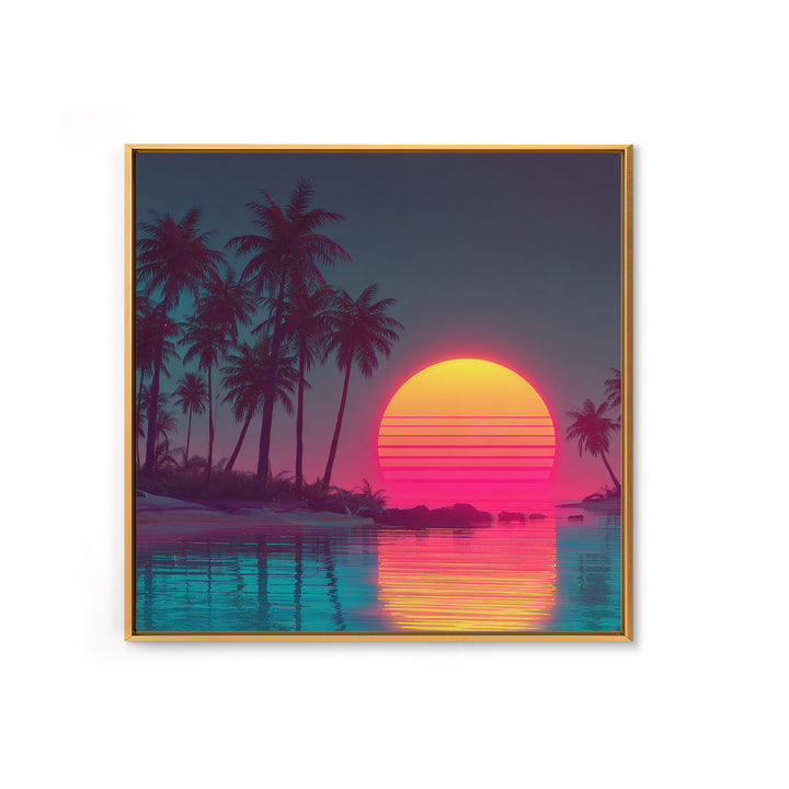 Neon Tropical Palm Trees And Retro Sunset Beach Wall Art, Vaporwave Coastal Canvas Print, Aesthetic Room Decor
