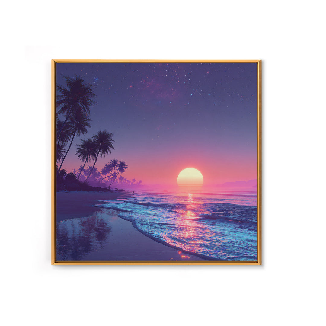 Tropical Neon Sunset Beach Wall Art, Palm Tree Coastal Landscape Print, Colorful Summer Home Decor Canvas Print