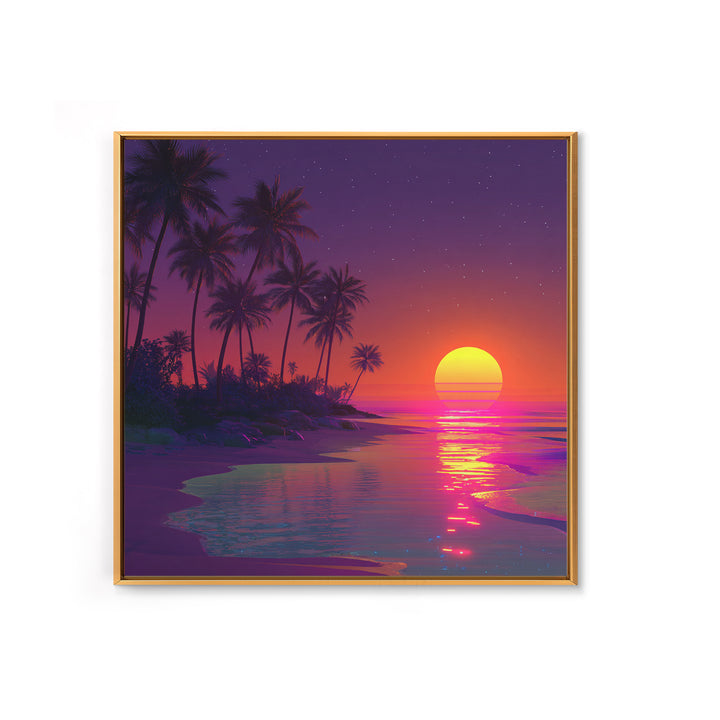 Neon Tropical Sunset Beach Wall Art, Retro Coastal Canvas Print, Summer Ocean Decor, Vibrant Modern Coastal Wall Art
