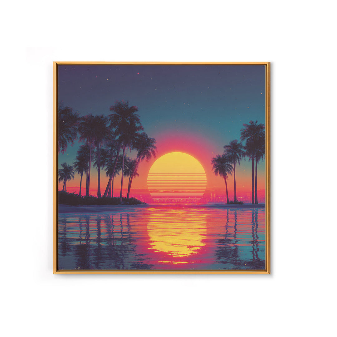 Dreamy Neon Palm Tree Sunset Beach Wall Art, Retro Coastal Landscape, Vibrant Summer Canvas Print Decor