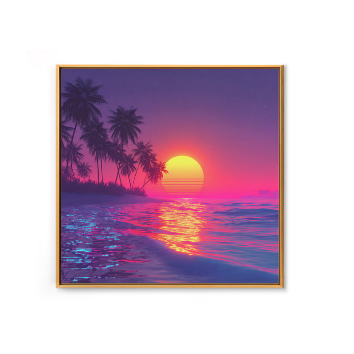 Neon Pink Beach Sunset Wall Art, Tropical Palm Tree Ocean Horizon Canvas Print, Coastal Summer Decor, Vibrant Seascape