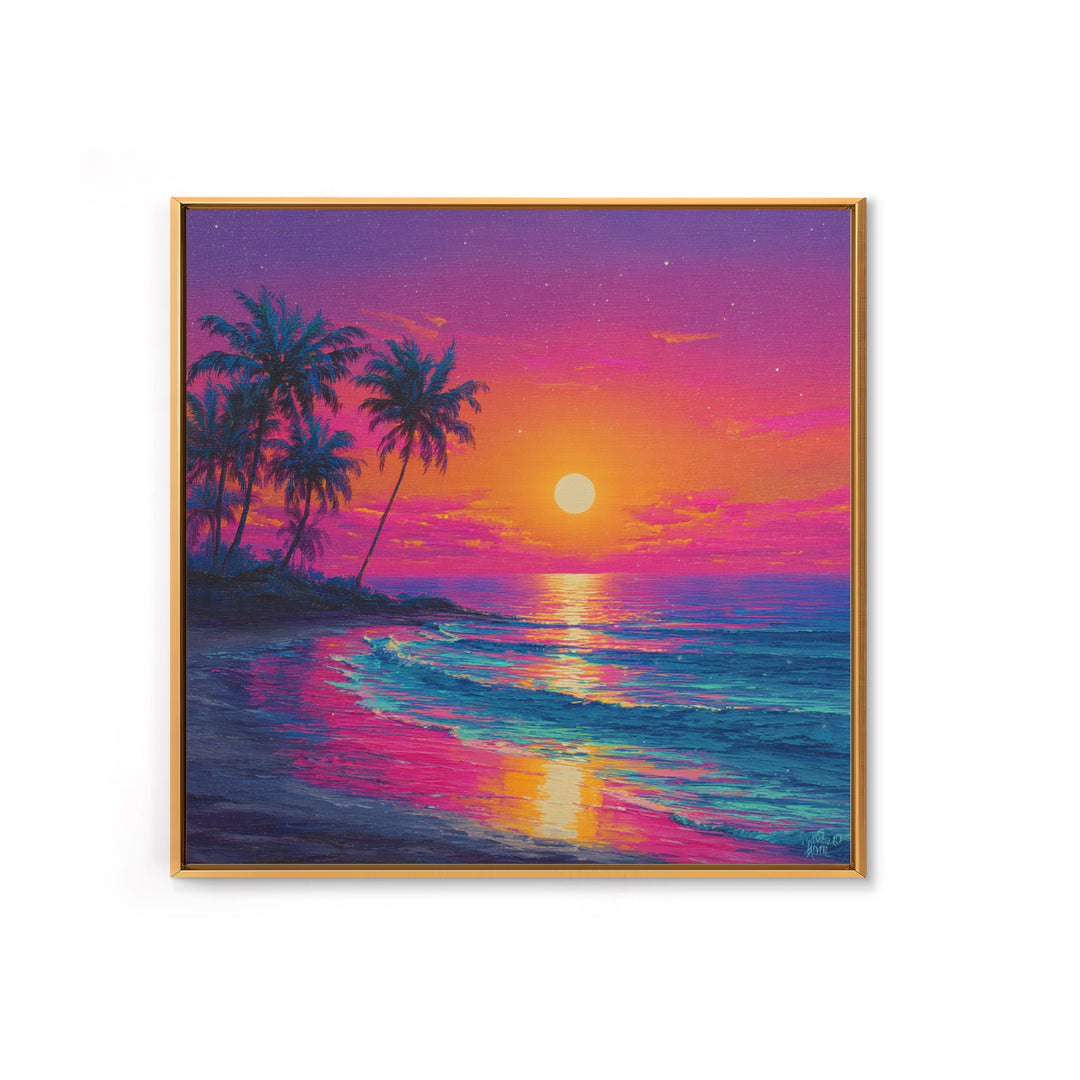 Vibrant Moonrise Beach Canvas Print, Colorful Tropical Ocean Wall Art, Coastal Sunset Painting For Bedroom Or Beach House