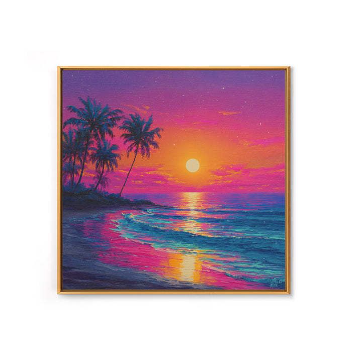 Vibrant Moonrise Beach Canvas Print, Colorful Tropical Ocean Wall Art, Coastal Sunset Painting For Bedroom Or Beach House
