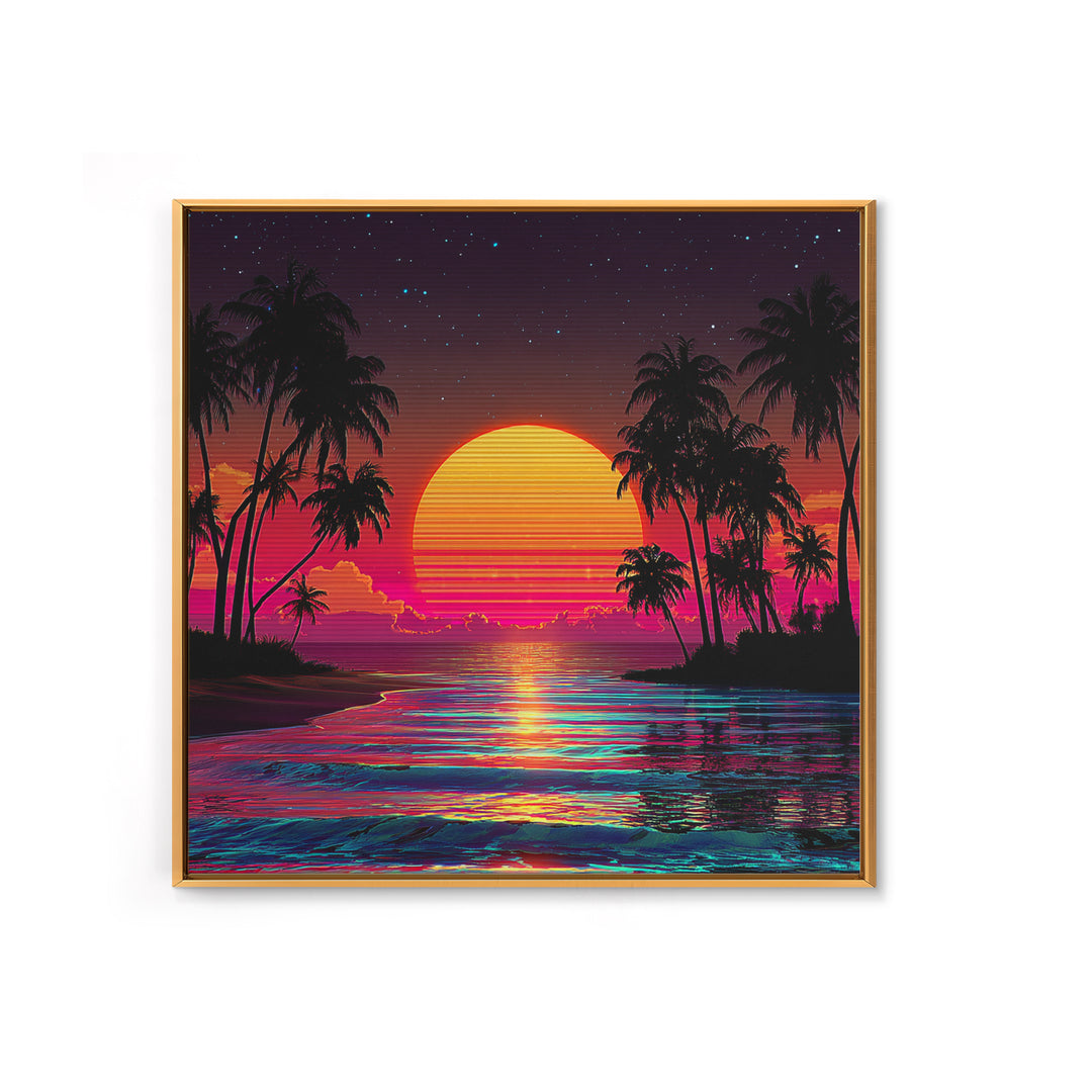 Neon Tropical Sunset Beach With Palm Trees Wall Art, Retro Coastal Print, Vibrant Summer Home Decor, Modern Canvas Print