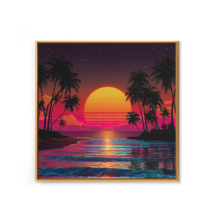 Neon Tropical Sunset Beach With Palm Trees Wall Art, Retro Coastal Print, Vibrant Summer Home Decor, Modern Canvas Print
