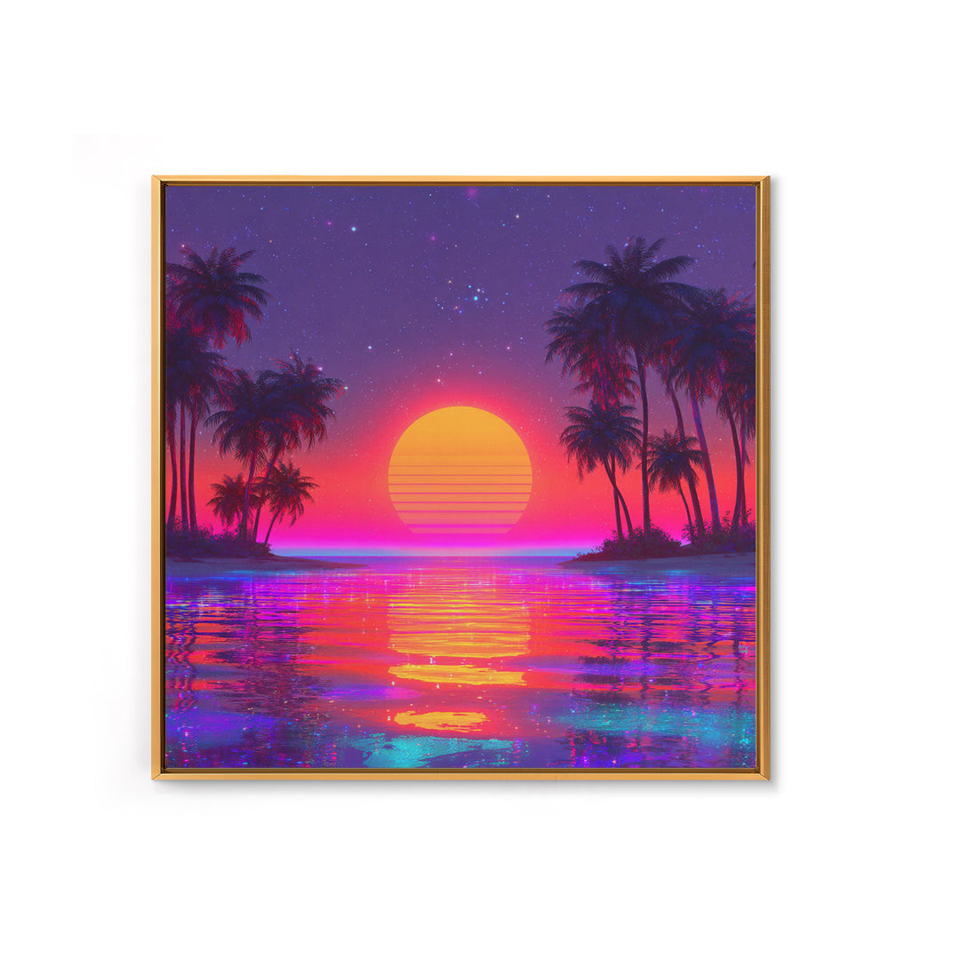 Vibrant Neon Tropical Sunset Beach Wall Art, Retro Wave Palm Landscape Canvas Print, Colorful Coastal Room Decor