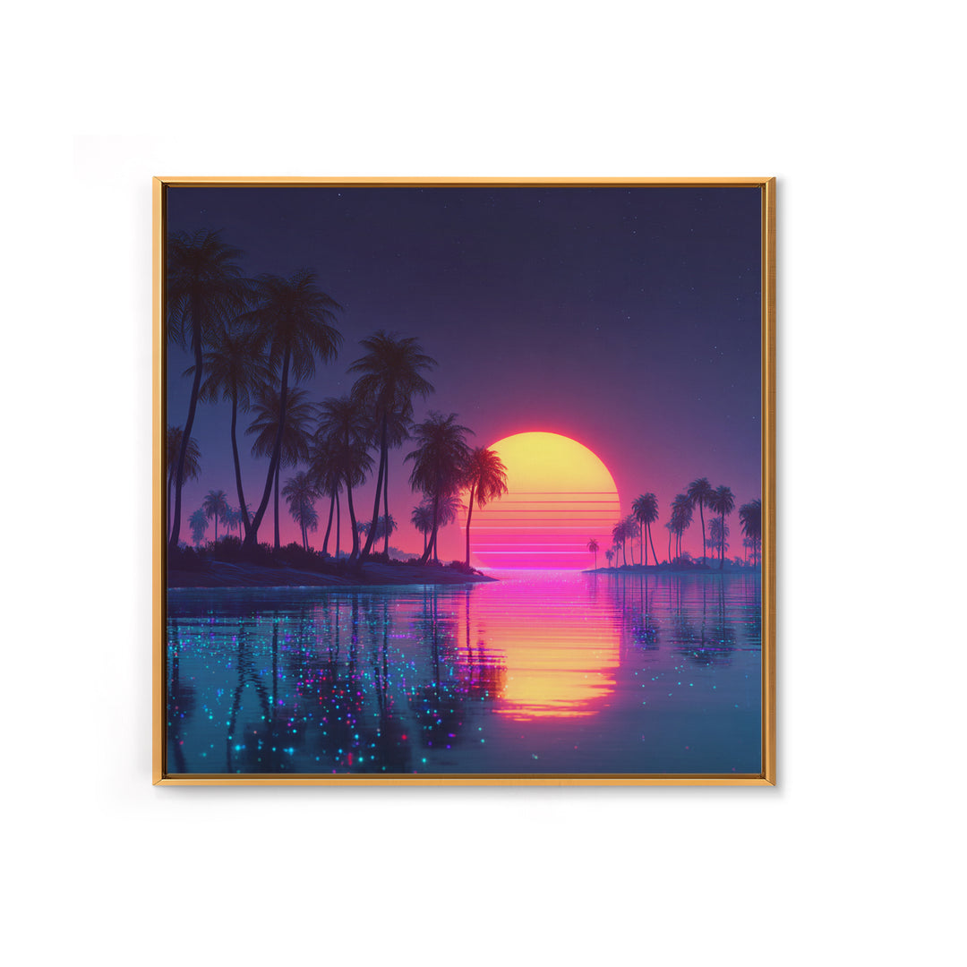 Sparkling Lagoon Neon Sunset With Palm Trees Wall Art, Retro Tropical Home Decor, Colorful Coastal Canvas Print