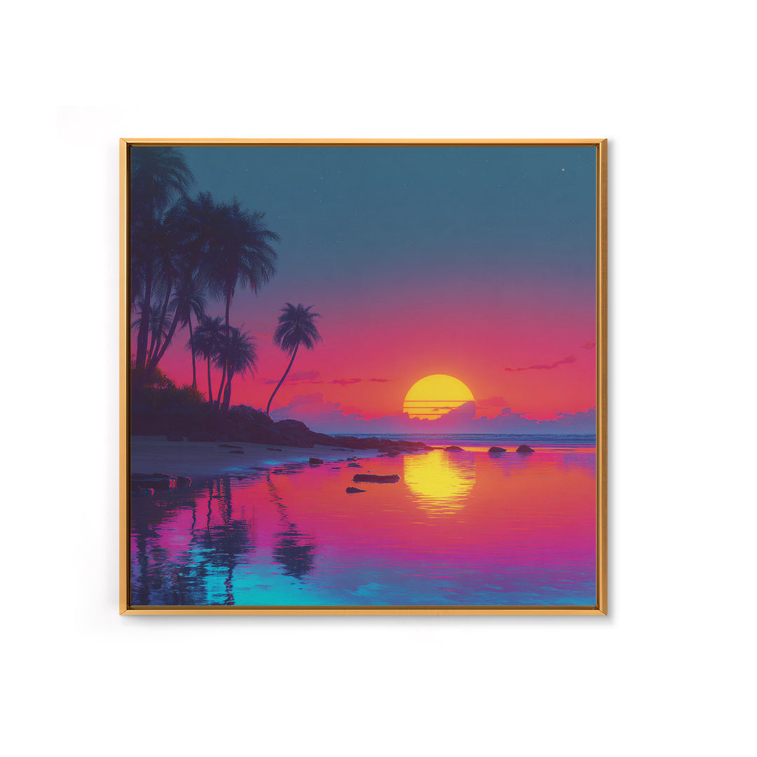 Neon Tropical Sunset Beach Wall Art, Vibrant Coastal Landscape Art Print, Modern Coastal Decor Canvas Print For Living Room