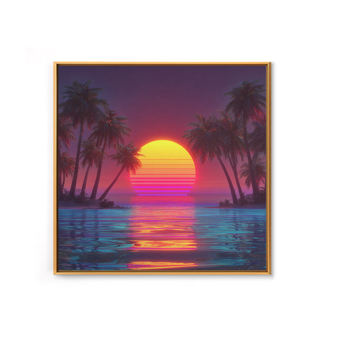 Vaporwave Tropical Sunset Beach Wall Art Canvas Print, Neon Coastal Landscape For Gaming Room And Modern Home Decor