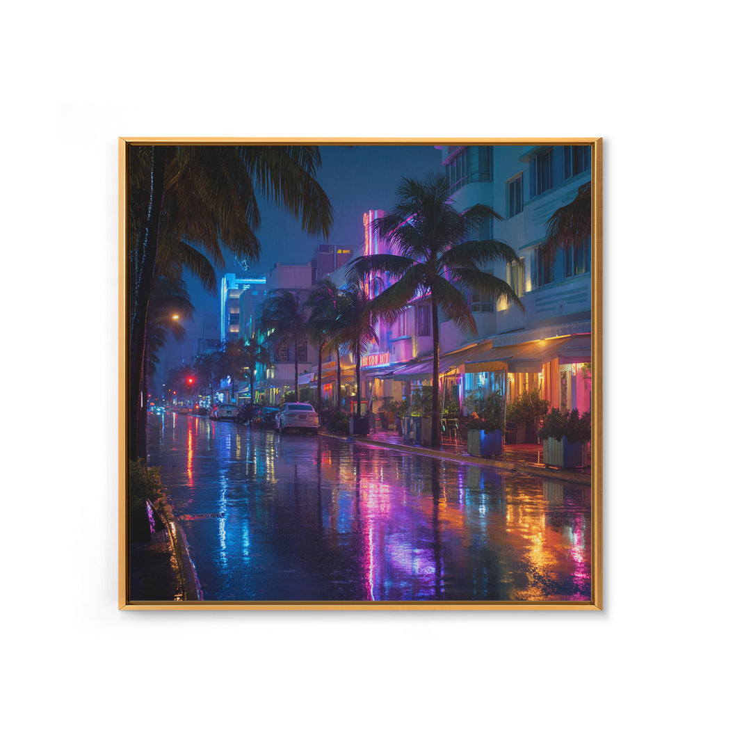 Neon Rainy City Street At Night Wall Art, Colorful Modern Urban Photography Print, Living Room Decor, Large Canvas Print