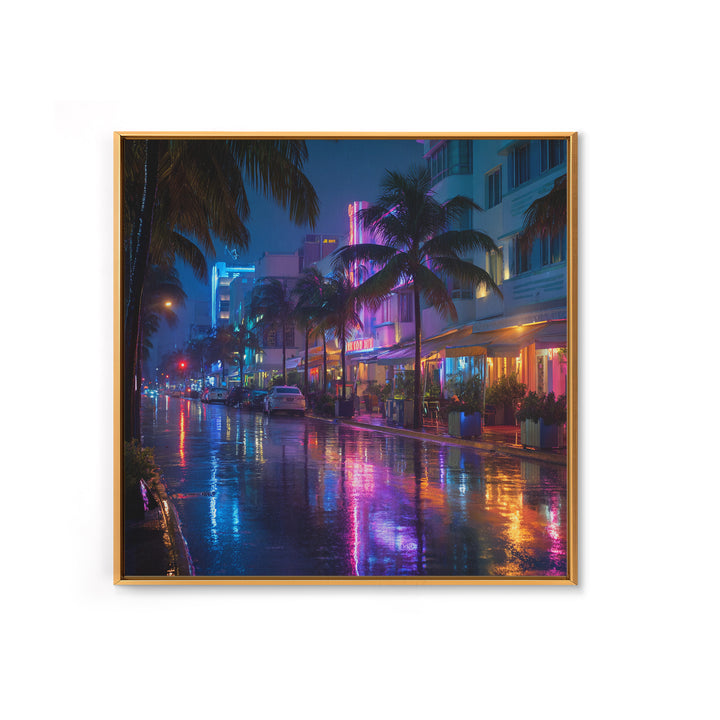 Neon Rainy City Street At Night Wall Art, Colorful Modern Urban Photography Print, Living Room Decor, Large Canvas Print