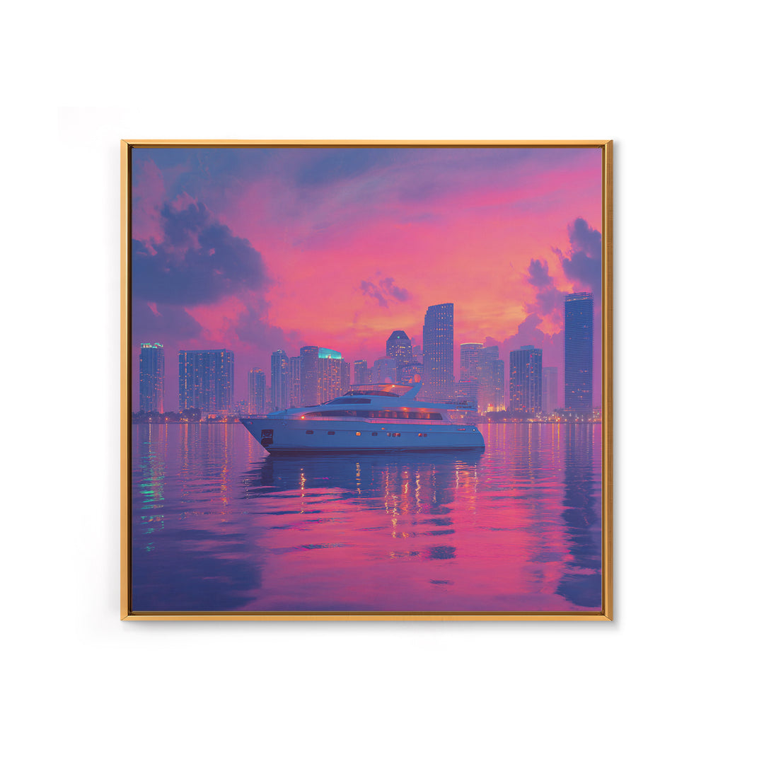 Luxury Yacht City Skyline At Sunset Wall Art, Modern Coastal Cityscape Canvas Print, Pink Sky Nautical Decor For Office Or Living Room