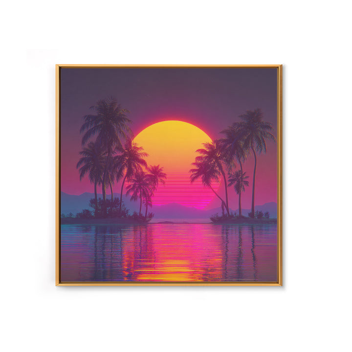 Neon Tropical Island Sunset Wall Art, Retro Synthwave Beach Landscape, Vibrant Coastal Decor, Modern Living Room Canvas Print