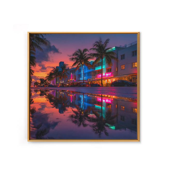 Miami Neon Night Cityscape Wall Art, Colorful South Beach Photography Print, Modern Urban Wall Decor Framed Canvas Print