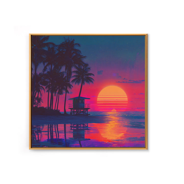 Tropical Neon Sunset Beach Canvas Print, Retro Coastal Wall Art, Palm Tree Ocean Decor Vibrant Living Room Wall Art