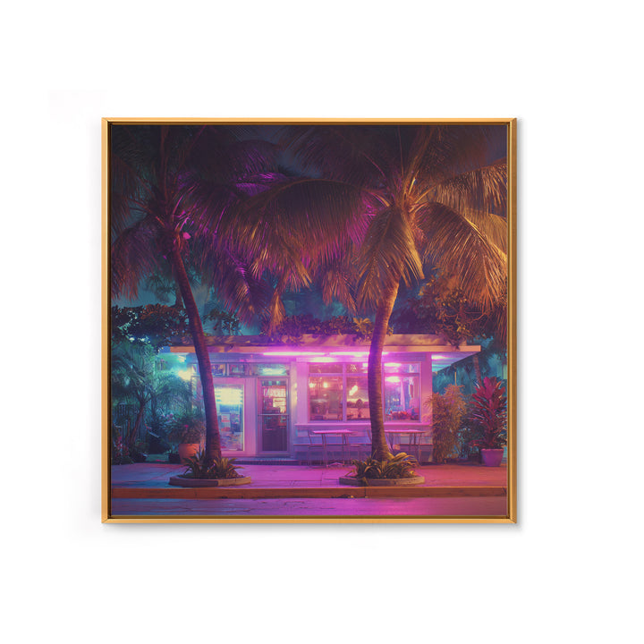 Neon Palm Tree Diner Night Scene Wall Art, Retro Tropical City Photography Canvas Print For Modern Urban Home Decor