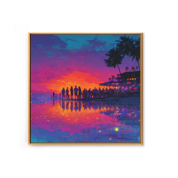 Neon Beach Sunset Party Wall Art, Colorful Coastal Canvas Print, Retro Futuristic Ocean Art, Summer Vibes Living Room Decor