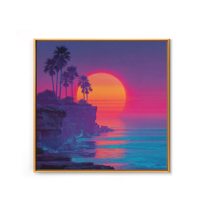 Neon Tropical Sunset Cliff Wall Art, Retro Coastal Ocean Canvas Print For Modern Coastal Decor And Vibrant Living Room