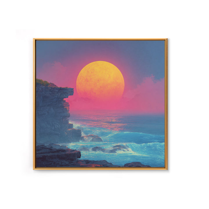 Surreal Neon Moon Over Ocean Cliff Painting Wall Art, Colorful Fantasy Seascape Print, Modern Coastal Abstract Decor