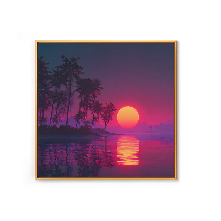 Neon Tropical Sunset Palm Tree Beach Wall Art, Vibrant Retro Coastal Landscape Canvas Print Home Decor
