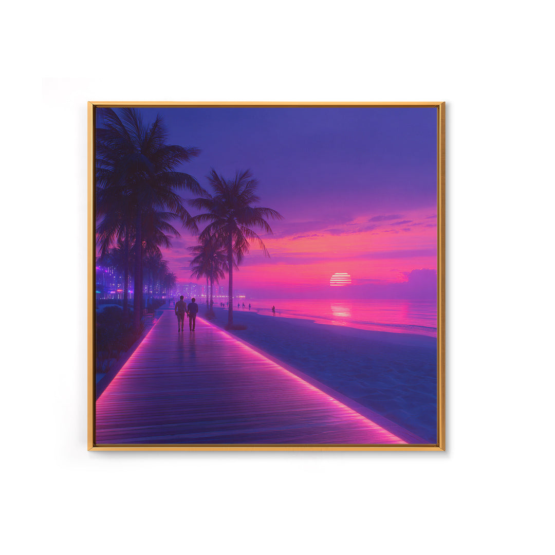 Neon Pink Boardwalk Beach Sunset Wall Art Retro Coastal Vibes Colorful Modern Home Decor Large Canvas Print Living Room Wall Art