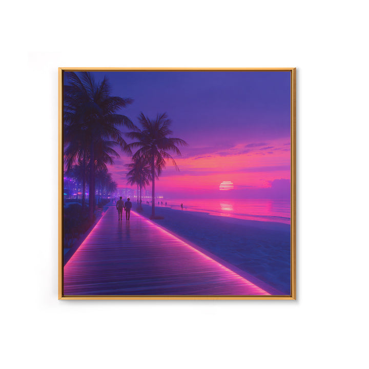 Neon Pink Boardwalk Beach Sunset Wall Art Retro Coastal Vibes Colorful Modern Home Decor Large Canvas Print Living Room Wall Art