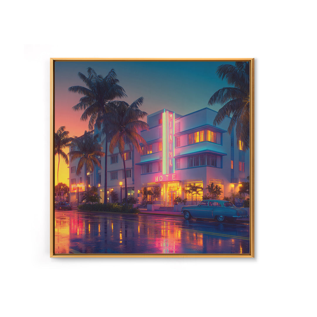Miami Art Deco Hotel Night Cityscape Wall Art, Neon Coastal Canvas Print, Retro Urban Home Decor For Living Room