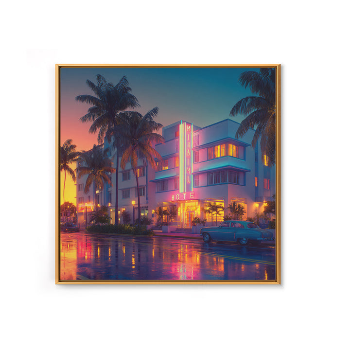 Miami Art Deco Hotel Night Cityscape Wall Art, Neon Coastal Canvas Print, Retro Urban Home Decor For Living Room