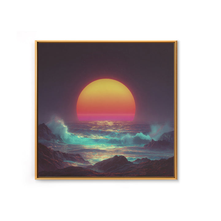 Vibrant Neon Ocean Sunset Waves Night Sky Wall Art Canvas Print Modern Coastal Decor Beach House Living Room Wall Art