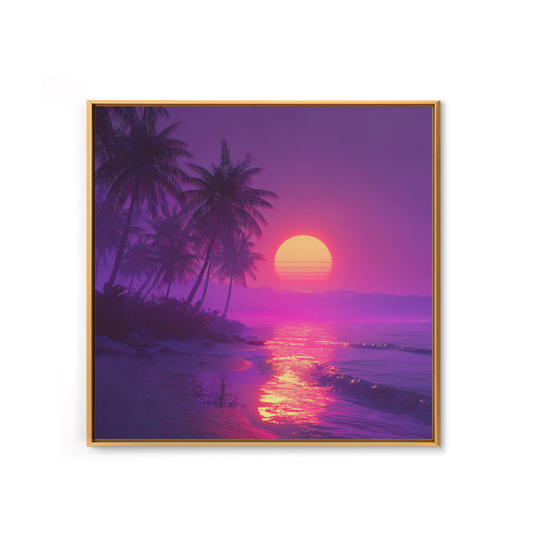 Neon Tropical Beach Sunset Wall Art, Vaporwave Palm Trees Canvas Print, Coastal Retro Ocean Art For Bedroom Or Living Room Decor