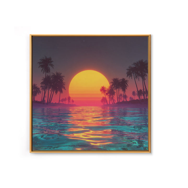 Neon Sunset Palm Beach Wall Art For Coastal Home Decor, Retro Tropical Ocean Canvas Print, Modern Coastal Wall Art
