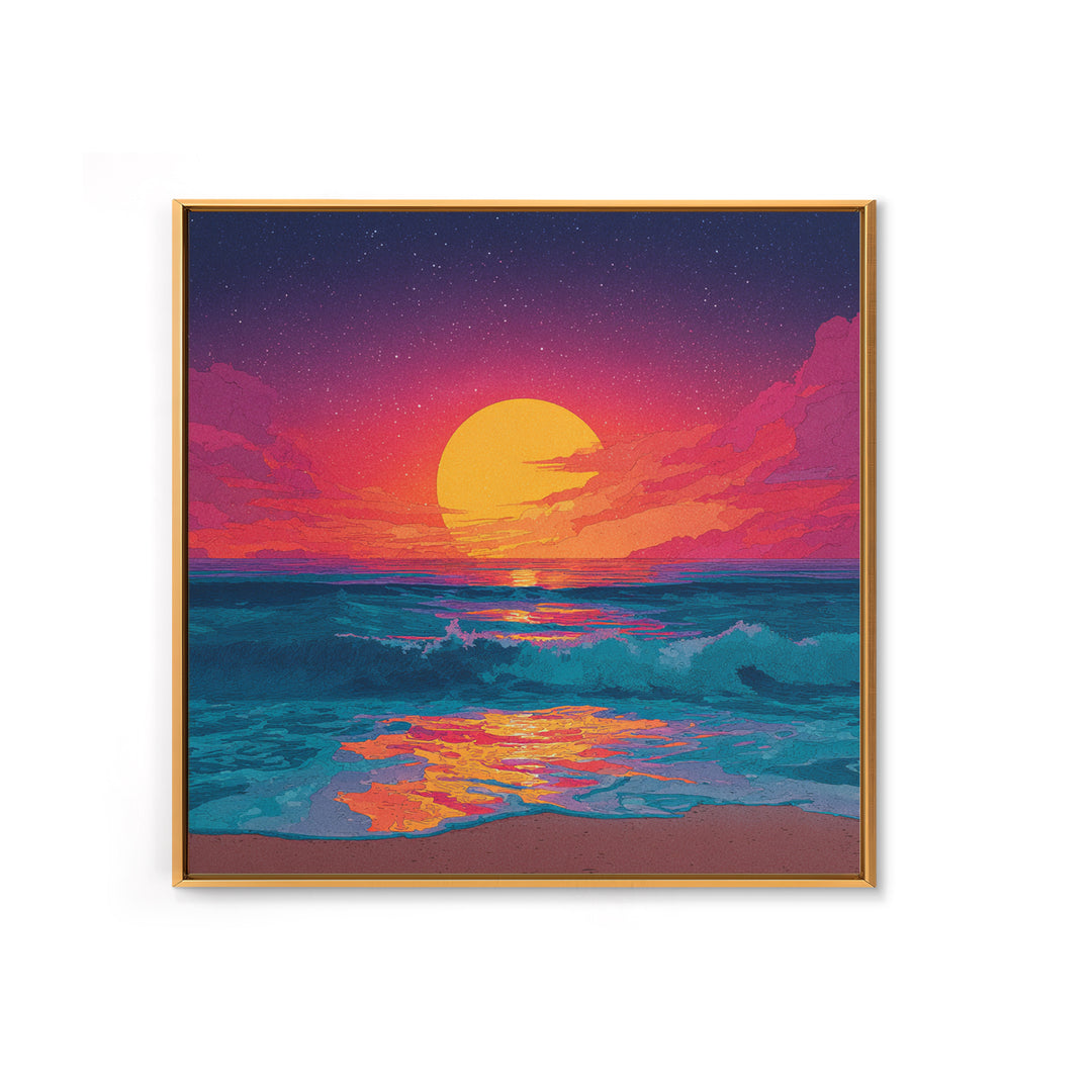 Colorful Ocean Sunset Waves Wall Art, Retro Beach Canvas Print, Modern Coastal Decor, Vibrant Seascape Living Room Art