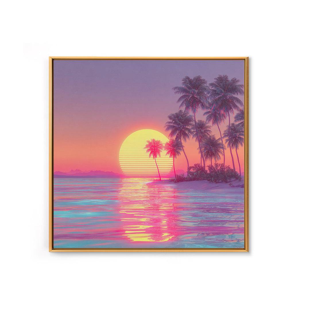 Dreamy Tropical Palm Trees Pink Sunset Beach Canvas Print, Coastal Wall Art, Vaporwave Ocean Decor, Pastel Summer Poster