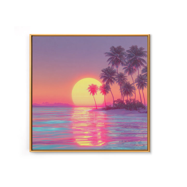 Dreamy Tropical Palm Trees Pink Sunset Beach Canvas Print, Coastal Wall Art, Vaporwave Ocean Decor, Pastel Summer Poster