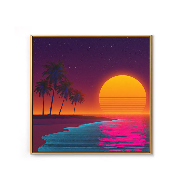 Neon Island Sunset Palm Tree Canvas Print, Retro Tropical Beach Wall Art, Bold Synthwave Coastal Decor, Colorful Bedroom Wall Art