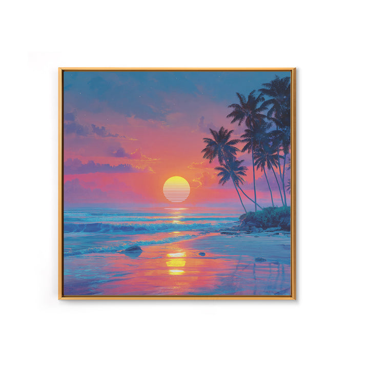 Dreamy Tropical Beach Sunset With Palms Wall Art, Pastel Coastal Canvas Print For Relaxing Modern Home Decor