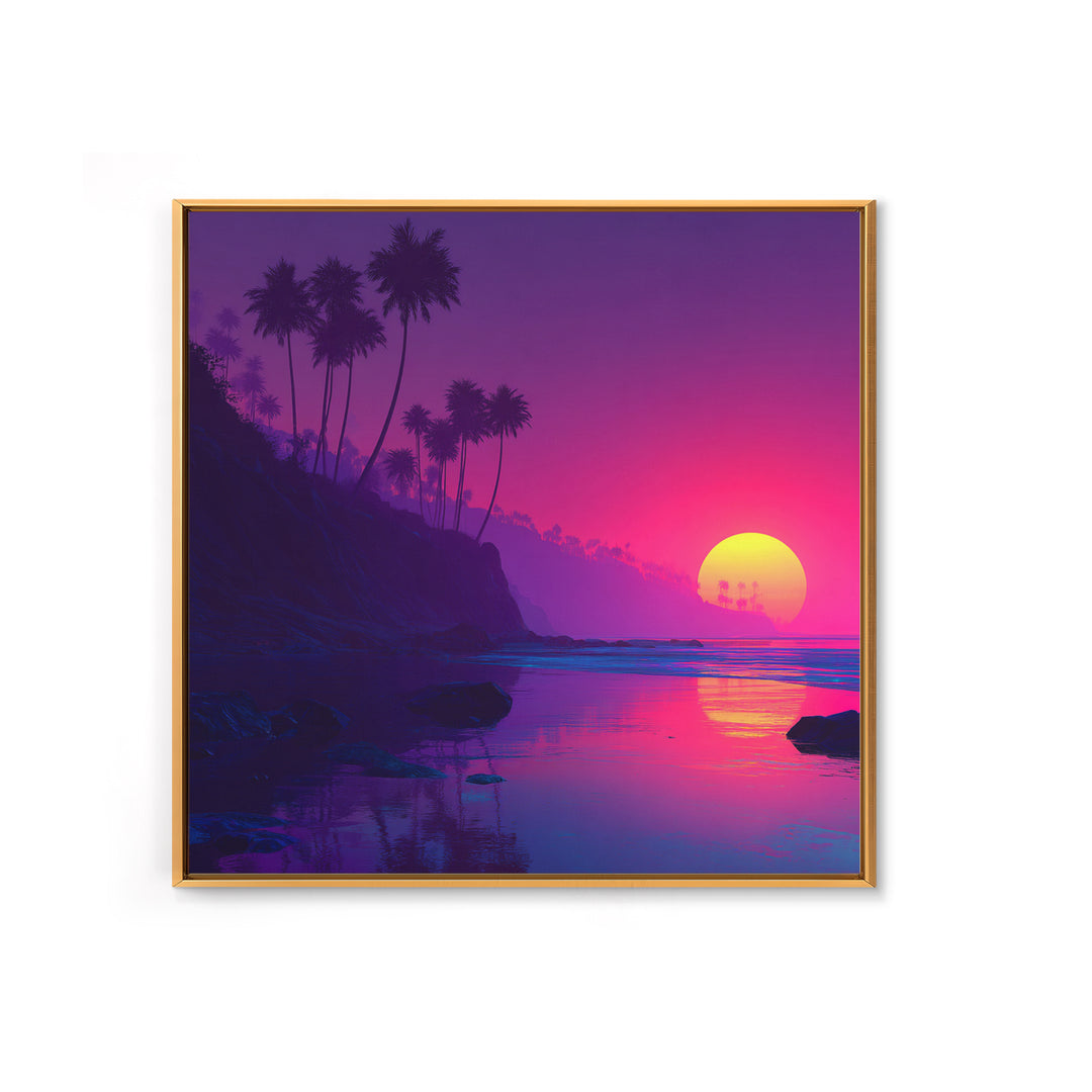 Neon Sunset Tropical Beach Wall Art, Vibrant Palm Tree Coastal Canvas Print For Modern Coastal Home And Bedroom Decor