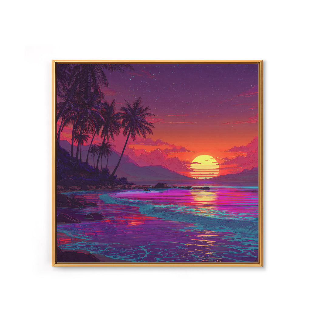 Neon Tropical Beach Sunset Wall Art, Vibrant Ocean Landscape Canvas Print, Retro Coastal Decor, Modern Living Room Wall Decor