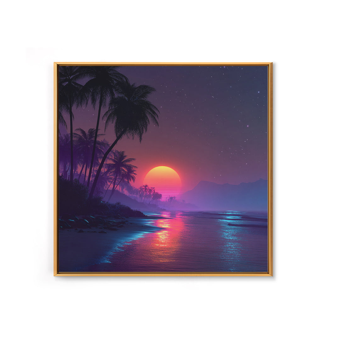 Neon Tropical Beach Sunset Wall Art, Retro Coastal Palm Tree Canvas Print, Vibrant Ocean Night Sky Home Decor