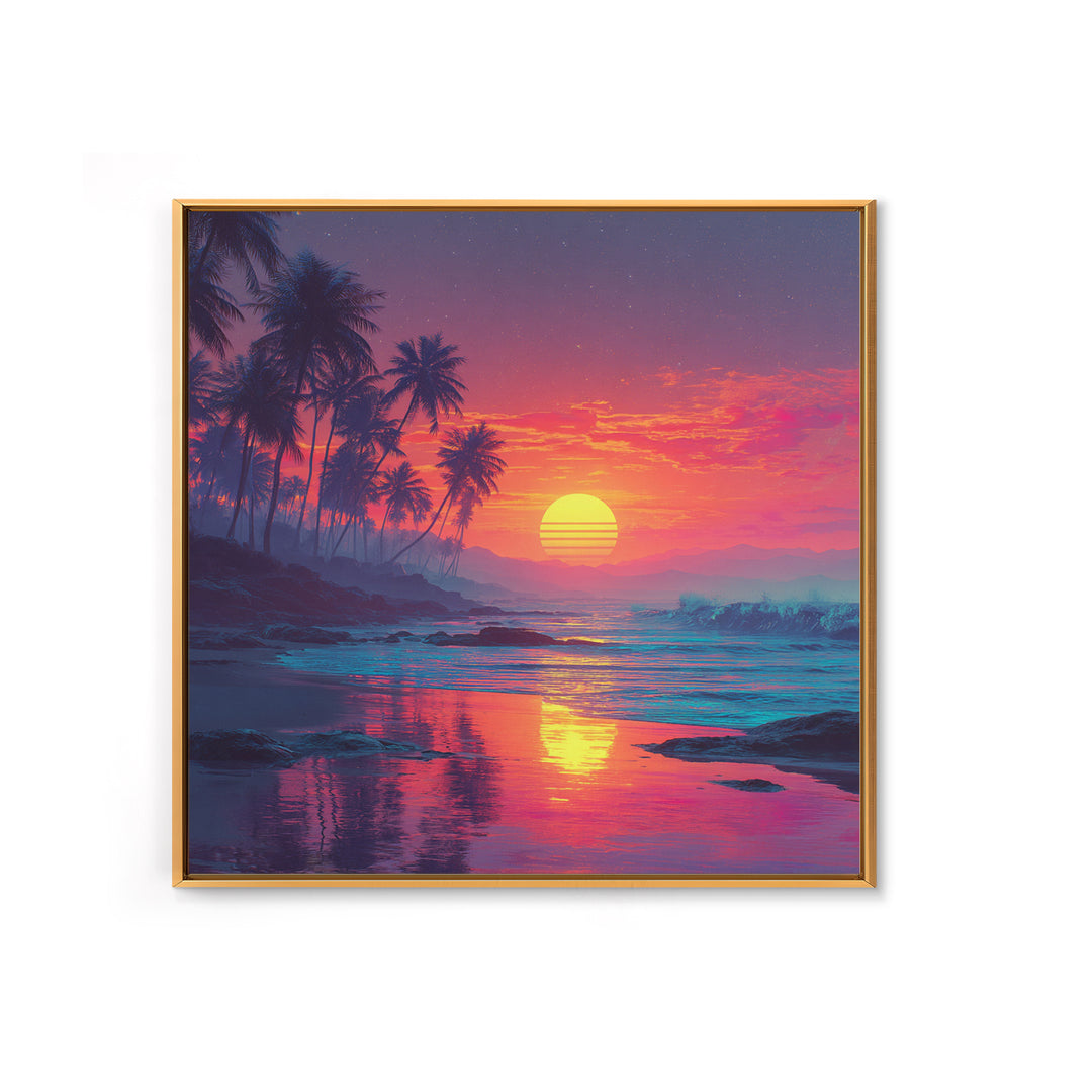 Tropical Pink Sunset Beach Wall Art, Palm Tree Coastal Ocean Canvas Print For Modern Coastal Decor And Bedroom Wall
