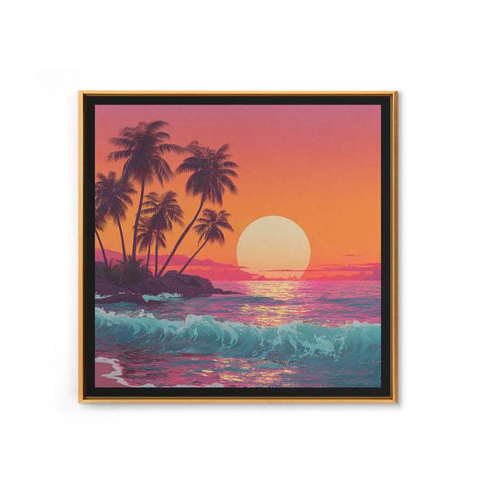 Retro Tropical Sunset Wall Art, Pink And Orange Beach Canvas Print, Aesthetic Coastal Decor For Bedroom