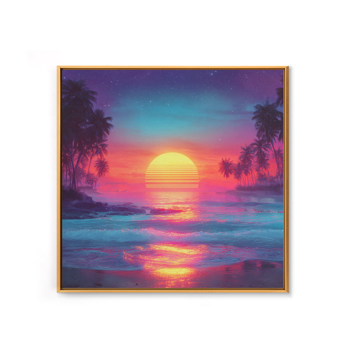 Neon Tropical Sunset Beach Wall Art, Retro Ocean Landscape Canvas Print, Coastal Home Decor, Modern Abstract Seascape