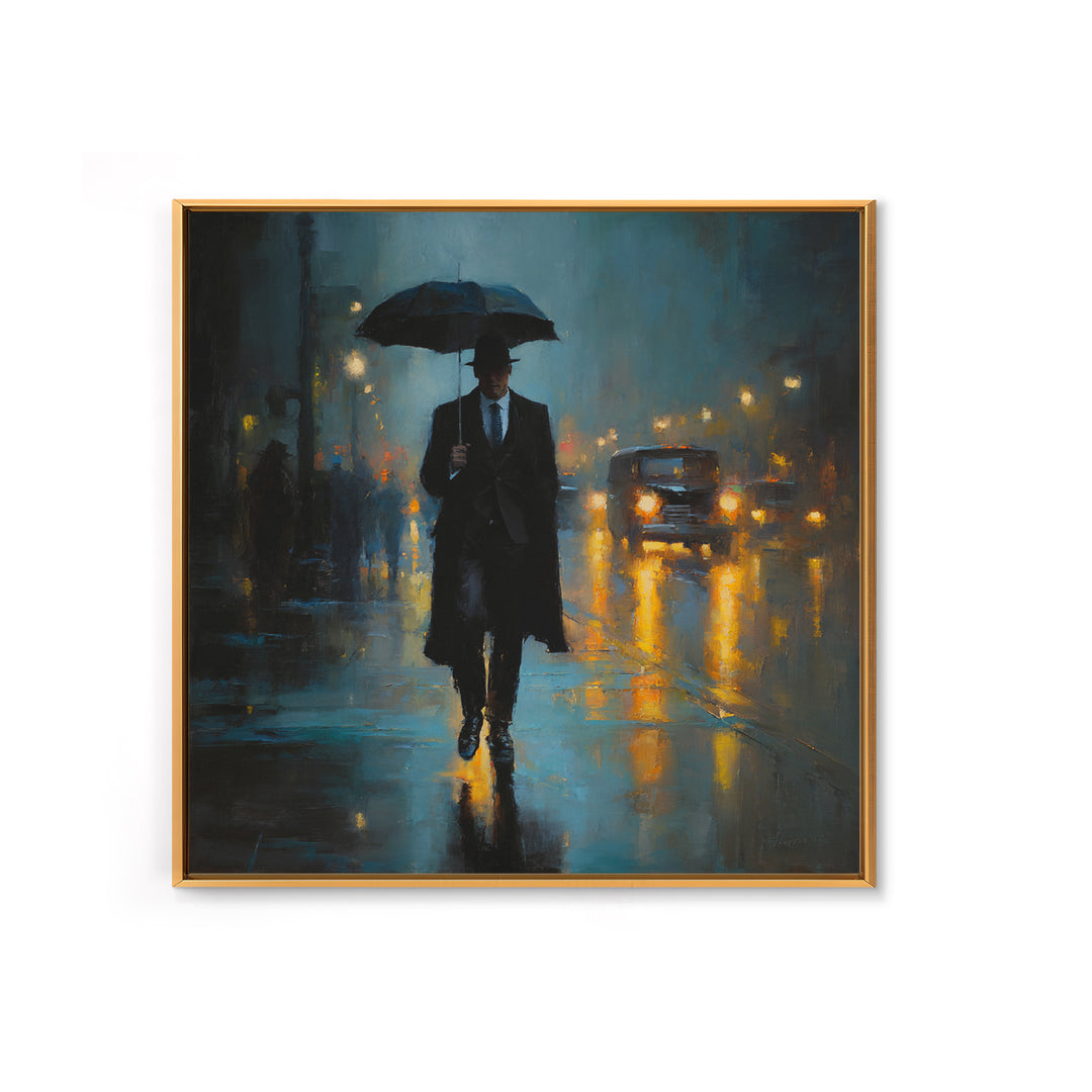 Noir Gentleman With Umbrella In Rainy City Wall Art, Moody Oil Painting Print, Dark Academia Office Decor, Gift For Him