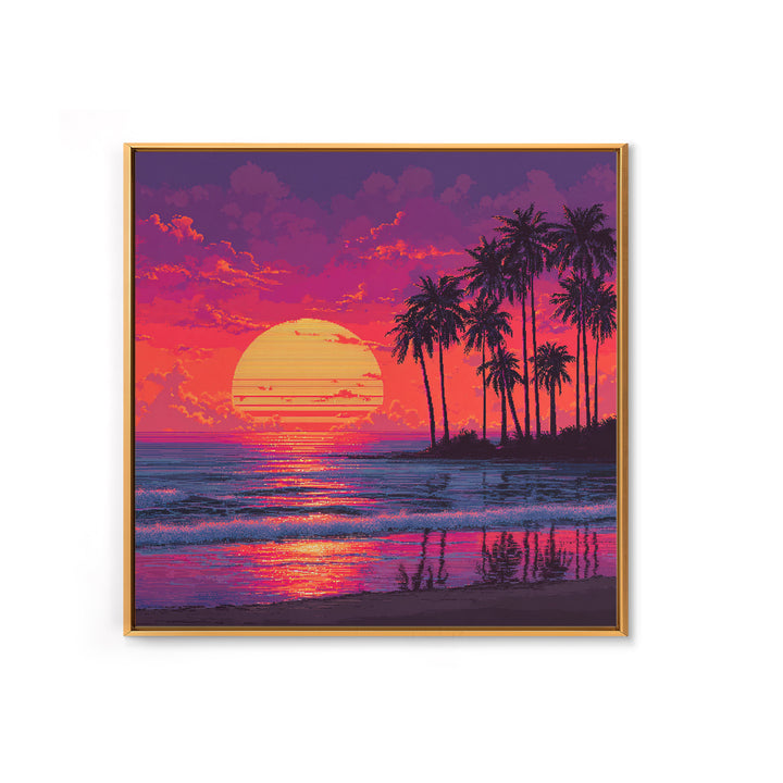 Pixel Art Tropical Sunset Beach Wall Art, Retro 8 Bit Palm Landscape Canvas Print, Colorful Gaming Room Decor