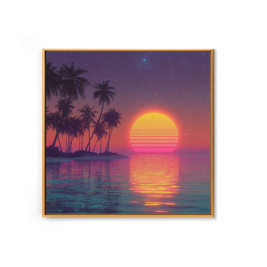 Neon Tropical Beach Palm Trees Retro Sunset Night Sky Wall Art Canvas Print Coastal Decor Bedroom Living Room Wall Art